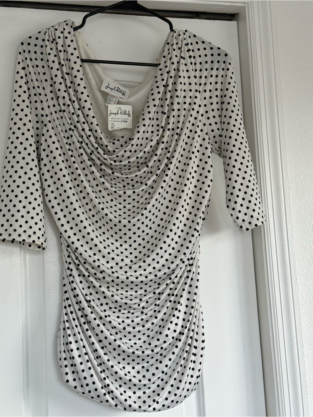 Joseph Ribkoff White & Black Polka Dot Draped Blouse